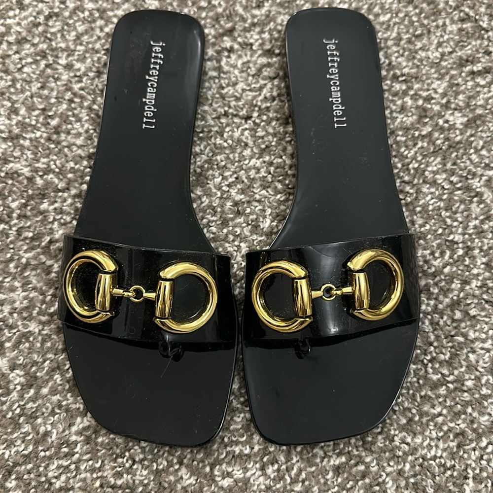 Jeffrey Campdell Flat Slides - Black and Gold Size 7